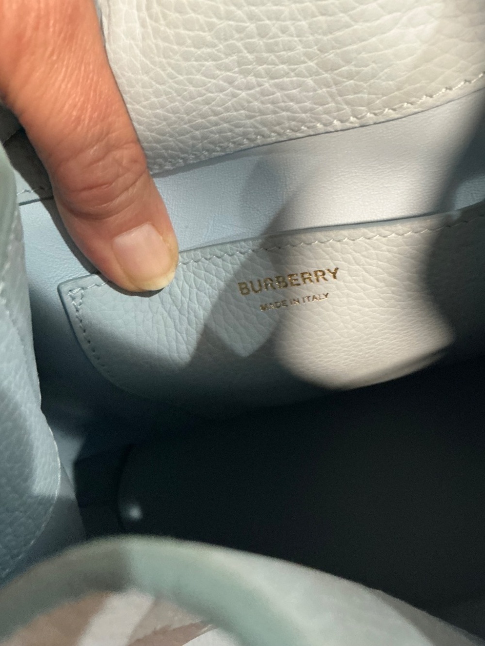 New Burberry small Drawstring Leather TB Bucket Bag pale blue - Picture 7 of 11